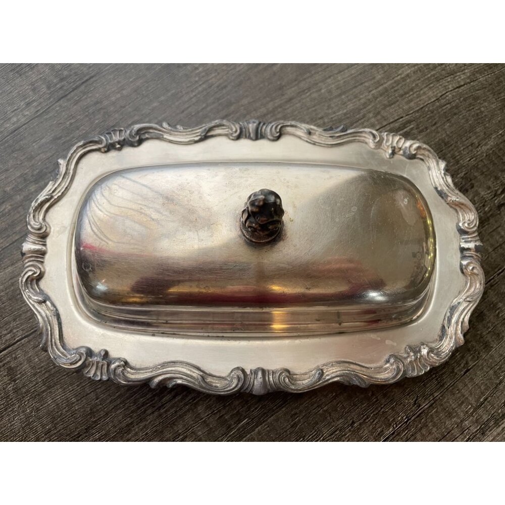 Vintage silver plate covered butter dish MCM retro Victorian‎ Baroque finial